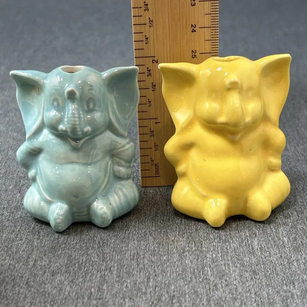 Vintage 2pc Ceramic Elephant Macrame Beads 2in Blue Yellow Crafting Supplies